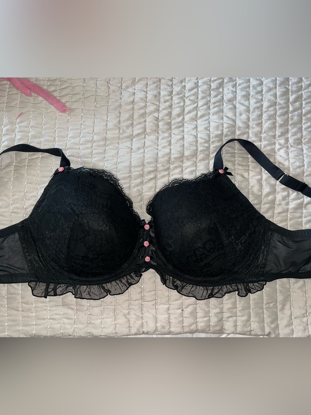 Cacique Black Lace Underwire Bra with Pink Button Details